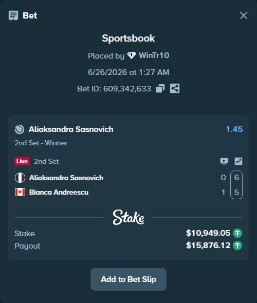 Bet slip: Aliaksandra Sasnovich - Bianca Andreescu, $10,960.00 stake at 1.45 odds, placed by WinTr10
