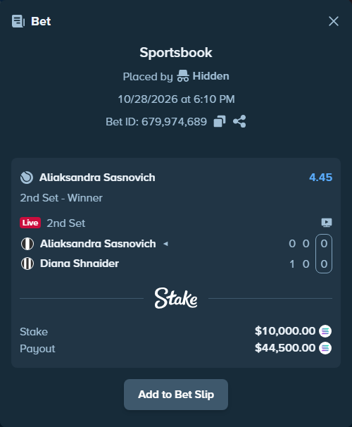 Bet slip: Aliaksandra Sasnovich - Diana Shnaider, $9,886.65 stake at 4.45 odds, placed by Hidden
