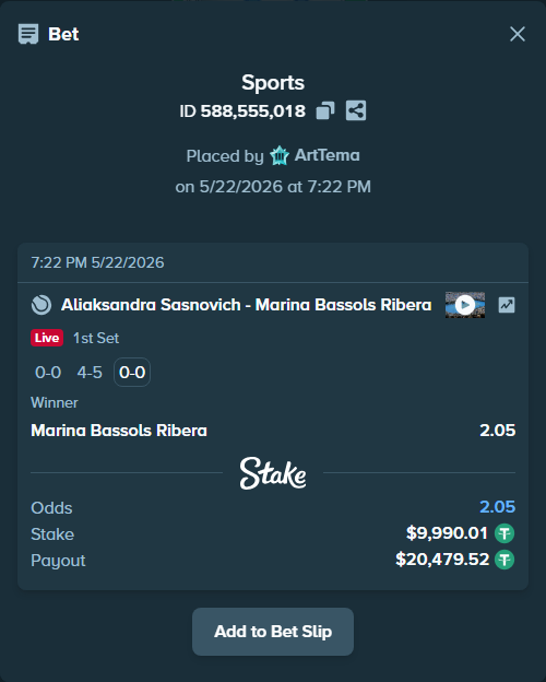 Bet slip: Aliaksandra Sasnovich - Marina Bassols Ribera, $10,000.00 stake at 2.05 odds, placed by ArtTema