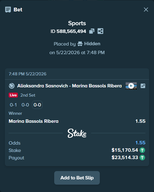 Bet slip: Aliaksandra Sasnovich - Marina Bassols Ribera, $15,185.71 stake at 1.55 odds, placed by Hidden