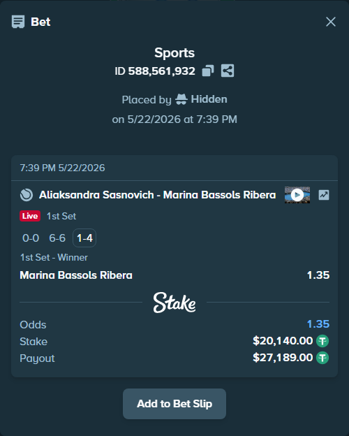 Bet slip: Aliaksandra Sasnovich - Marina Bassols Ribera, $20,160.14 stake at 1.35 odds, placed by Hidden