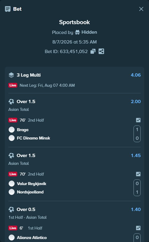 Bet slip: Alianza Atletico - Cienciano, $11,342.81 stake at 1.40 odds, placed by Hidden