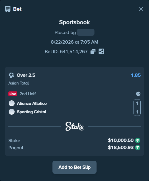 Bet slip: Alianza Atletico - Sporting Cristal, $10,000.50 stake at 1.85 odds, placed by tlwns4736