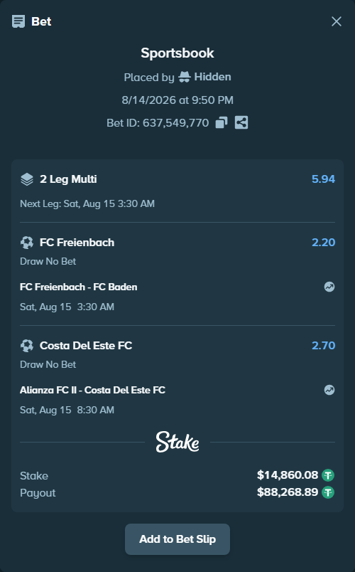 Bet slip: Alianza FC II - Potros del Este, $14,874.94 stake at 2.70 odds, placed by Hidden