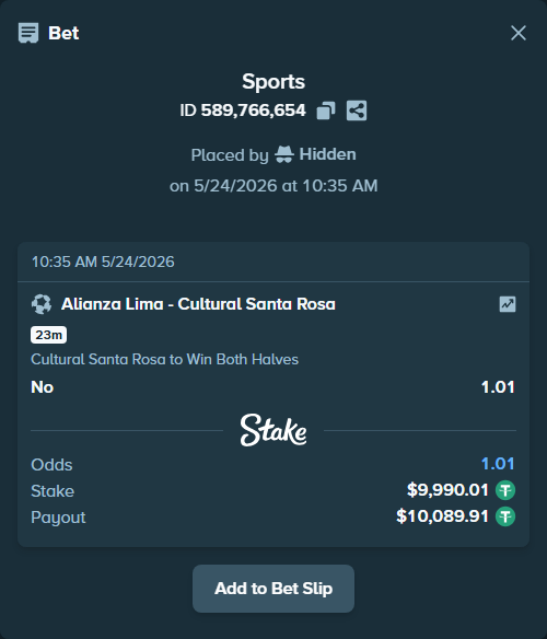 Bet slip: Alianza Lima - Los Chankas CYC, $10,000.00 stake at 1.01 odds, placed by Hidden