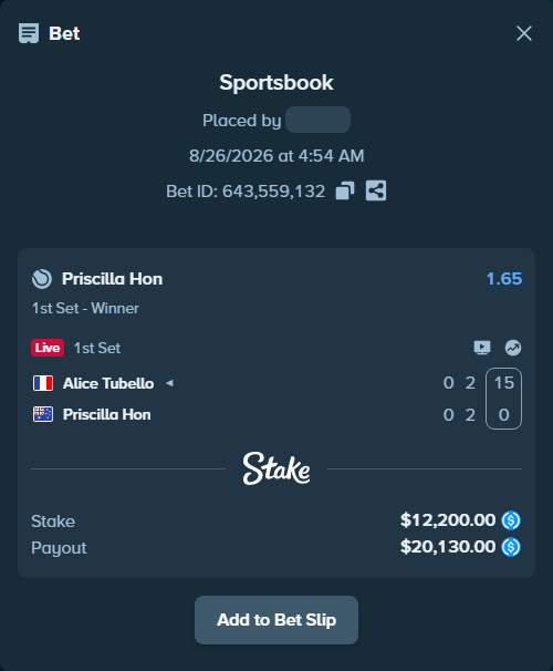Bet slip: Alice Tubello - Priscilla Hon, $12,200.00 stake at 1.65 odds, placed by privetmedvet15