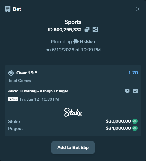 Bet slip: Alicia Dudeney - Ashlyn Krueger, $20,020.00 stake at 1.70 odds, placed by Hidden