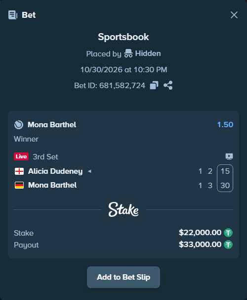 Bet slip: Alicia Dudeney - Mona Barthel, $22,022.00 stake at 1.50 odds, placed by Hidden