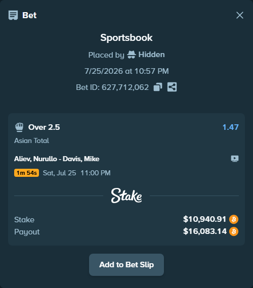 Bet slip: Aliev, Nurullo - Davis, Mike, $10,985.74 stake at 1.47 odds, placed by Hidden