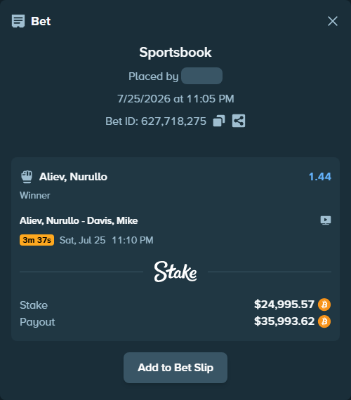 Bet slip: Aliev, Nurullo - Davis, Mike, $25,097.99 stake at 1.44 odds, placed by theoutlaw