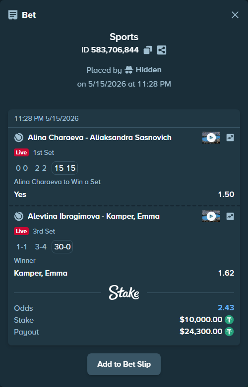 Bet slip: Alina Charaeva - Aliaksandra Sasnovich, $10,000.00 stake at 1.50 odds, placed by Hidden