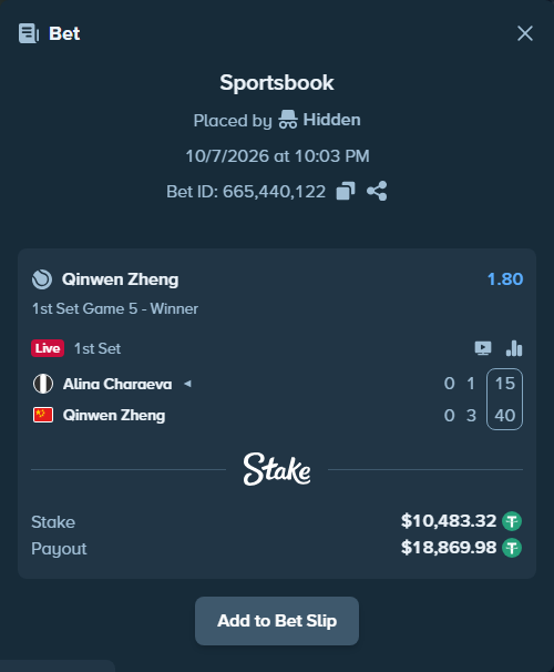 Bet slip: Alina Charaeva - Qinwen Zheng, $10,480.18 stake at 1.80 odds, placed by Hidden