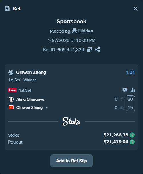 Bet slip: Alina Charaeva - Qinwen Zheng, $21,260.00 stake at 1.01 odds, placed by Hidden
