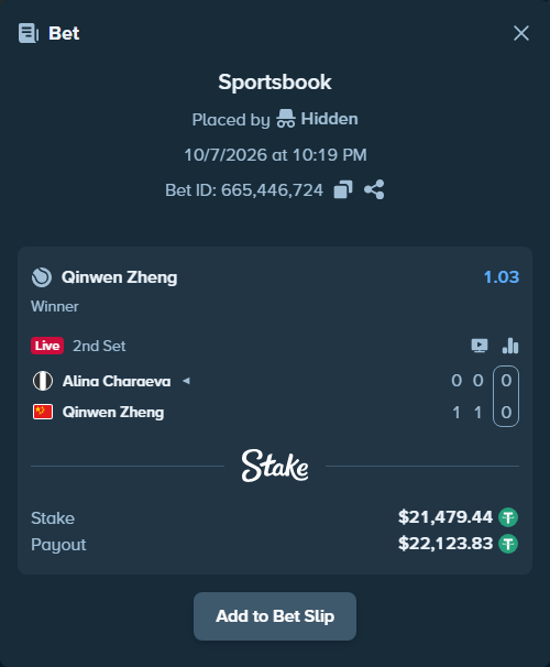 Bet slip: Alina Charaeva - Qinwen Zheng, $21,473.00 stake at 1.03 odds, placed by Hidden