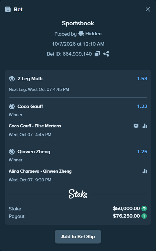 Bet slip: Alina Charaeva - Qinwen Zheng, $50,000.00 stake at 1.25 odds, placed by hunatimago
