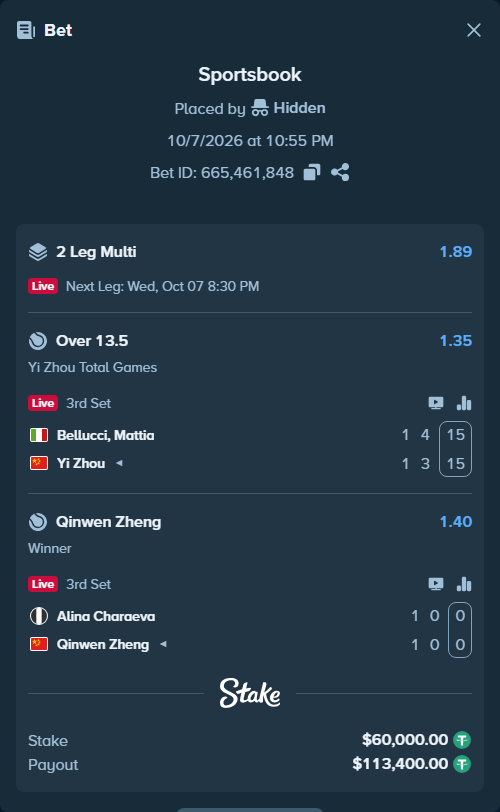 Bet slip: Alina Charaeva - Qinwen Zheng, $59,982.01 stake at 1.40 odds, placed by Hidden