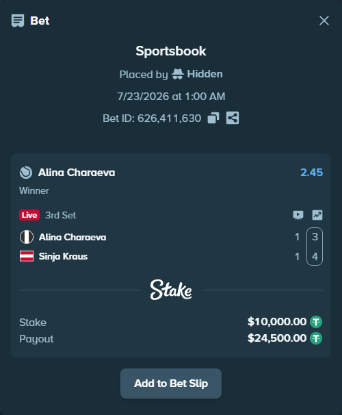 Bet slip: Alina Charaeva - Sinja Kraus, $10,000.00 stake at 2.45 odds, placed by Hidden