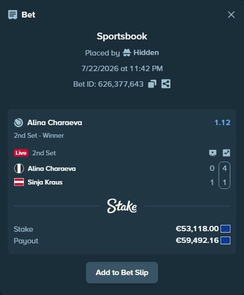 Bet slip: Alina Charaeva - Sinja Kraus, $57,367.44 stake at 1.12 odds, placed by Hidden