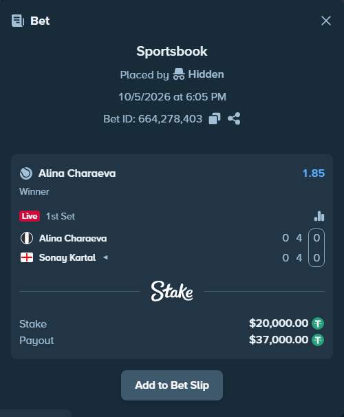 Bet slip: Alina Charaeva - Sonay Kartal, $20,000.00 stake at 1.85 odds, placed by Hidden
