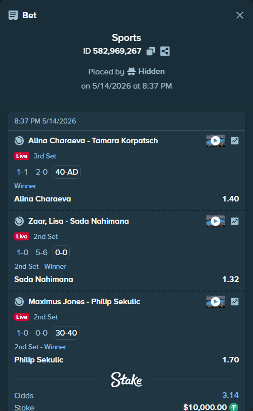 Bet slip: Alina Charaeva - Tamara Korpatsch, $10,000.00 stake at 1.40 odds, placed by Hidden