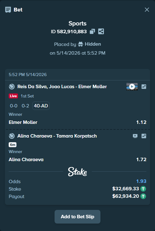 Bet slip: Alina Charaeva - Tamara Korpatsch, $32,702.00 stake at 1.72 odds, placed by Hidden