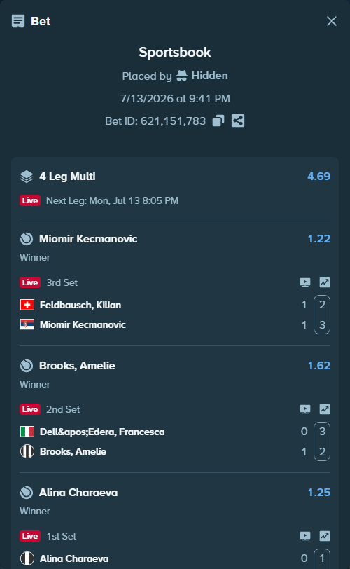 Bet slip: Alina Charaeva - Victoria Kasintseva Jimenez, $20,000.00 stake at 1.25 odds, placed by Hidden