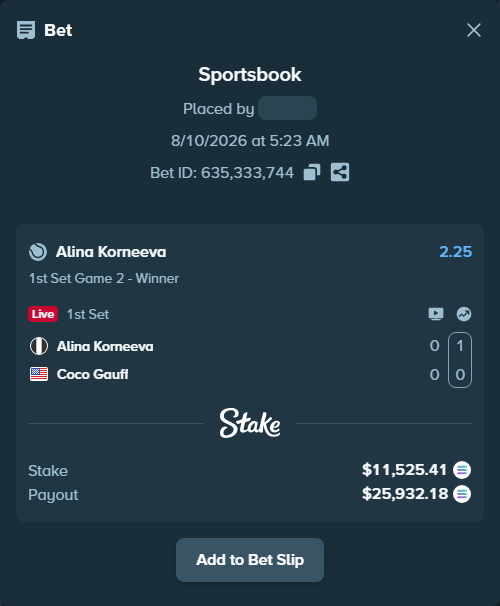Bet slip: Alina Korneeva - Coco Gauff, $11,519.43 stake at 2.25 odds, placed by Prettylfacko98