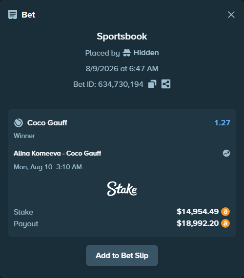 Bet slip: Alina Korneeva - Coco Gauff, $14,945.63 stake at 1.27 odds, placed by Hidden