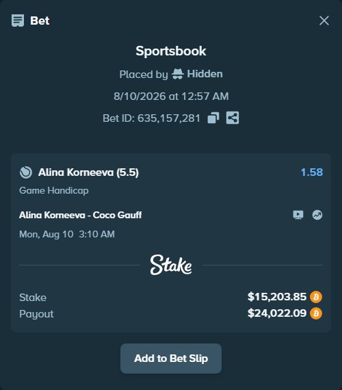 Bet slip: Alina Korneeva - Coco Gauff, $15,171.19 stake at 1.58 odds, placed by Hidden