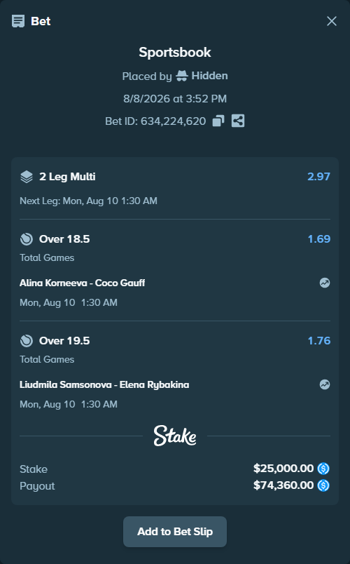Bet slip: Alina Korneeva - Coco Gauff, $25,000.00 stake at 1.69 odds, placed by Hidden