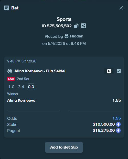 Bet slip: Alina Korneeva - Ella Seidel, $7,805.41 stake at 1.55 odds, placed by Hidden