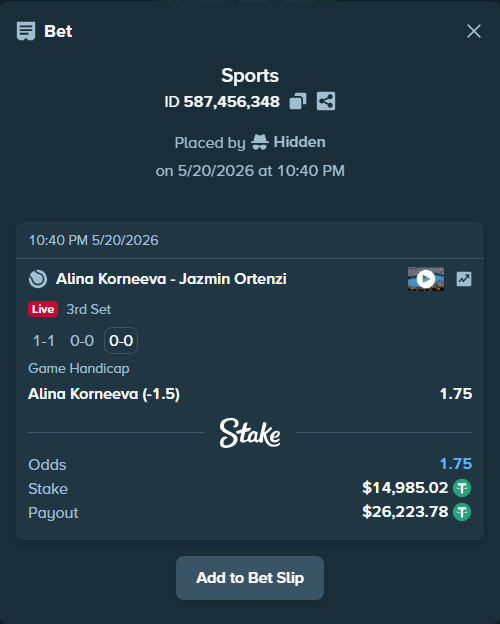 Bet slip: Alina Korneeva - Jazmin Ortenzi, $15,000.00 stake at 1.75 odds, placed by Hidden
