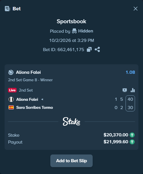 Bet slip: Aliona Falei - Sara Sorribes Tormo, $20,370.00 stake at 1.08 odds, placed by Hidden