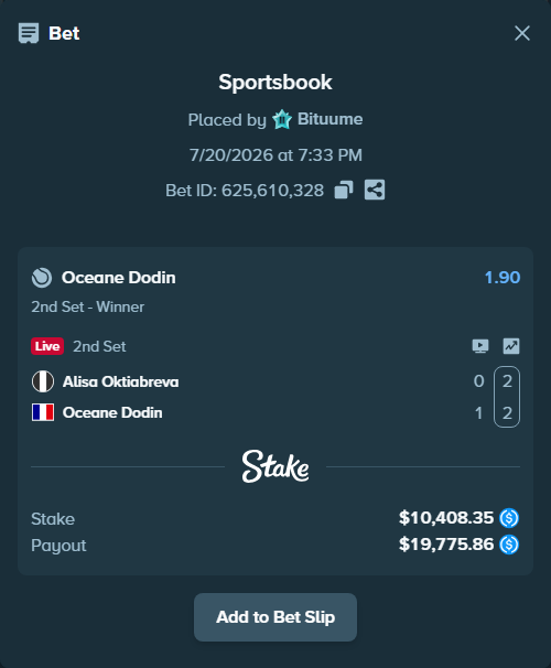 Bet slip: Alisa Oktiabreva - Oceane Dodin, $10,408.35 stake at 1.90 odds, placed by Bituume