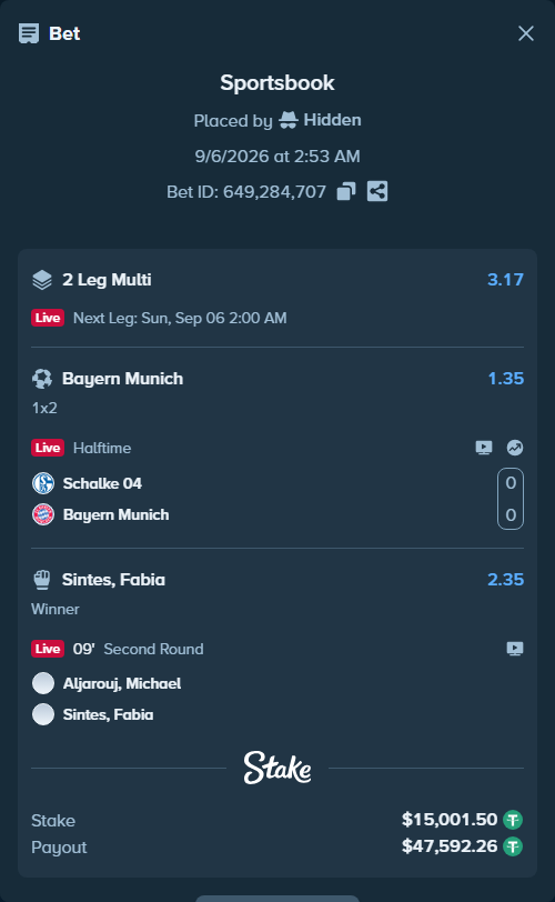 Bet slip: Aljarouj, Michael - Sintes, Fabia, $15,000.00 stake at 2.35 odds, placed by Hidden