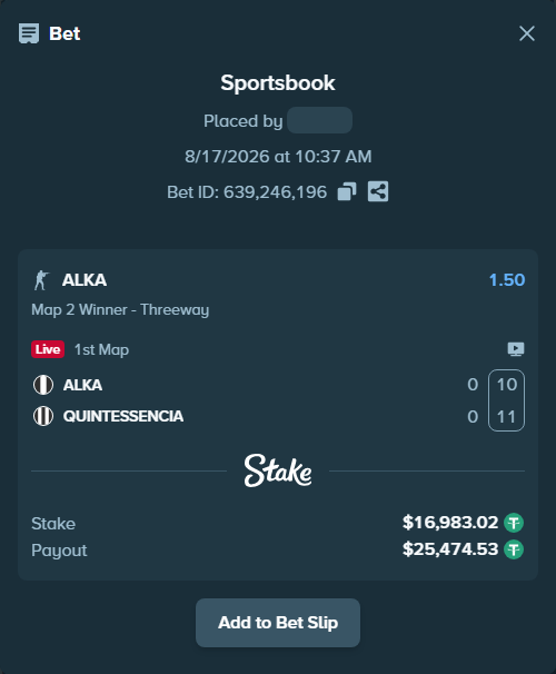 Bet slip: ALKA - QUINTESSENCIA, $17,000.00 stake at 1.50 odds, placed by saszakoncza