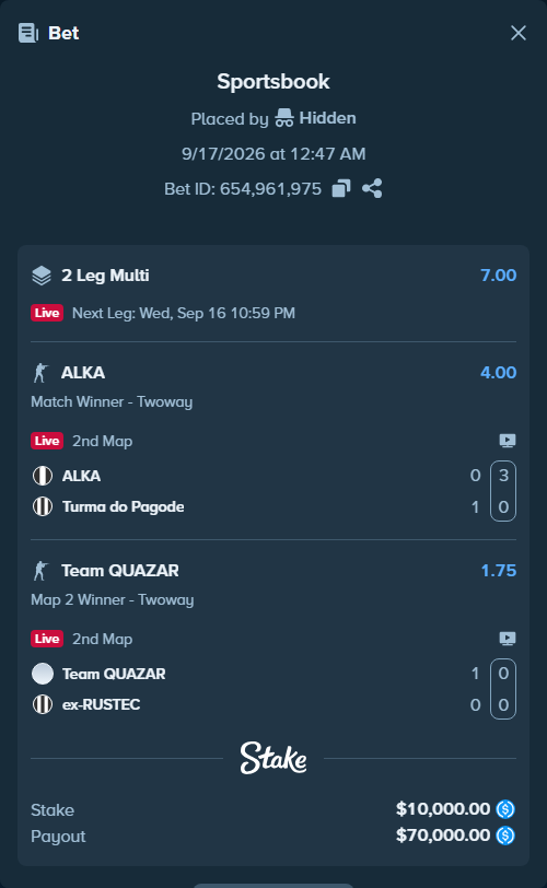 Bet slip: ALKA - Turma do Pagode, $10,000.00 stake at 4.00 odds, placed by Hidden