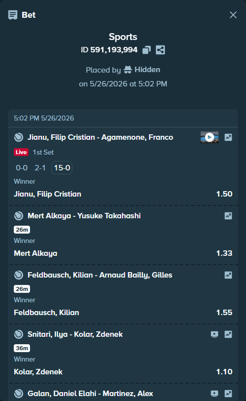 Bet slip: Alkaya, Mert - Yusuke Takahashi, $10,000.00 stake at 1.33 odds, placed by Hidden