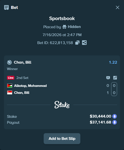 Bet slip: Alkotop, Mohammad - Chan, Bill, $30,193.39 stake at 1.22 odds, placed by wowtuna