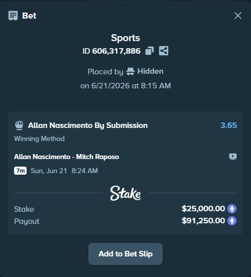 Bet slip: Allan Nascimento - Mitch Raposo, $27,329.27 stake at 3.65 odds, placed by Hidden