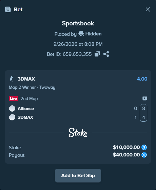 Bet slip: Alliance - 3DMAX, $10,000.00 stake at 4.00 odds, placed by Hidden