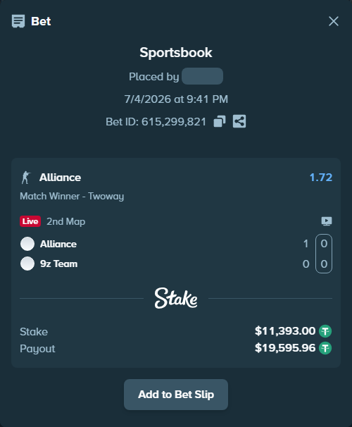 Bet slip: Alliance - 9z Team, $11,404.39 stake at 1.72 odds, placed by zhanjinkun