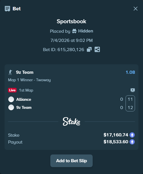 Bet slip: Alliance - 9z Team, $17,511.68 stake at 1.08 odds, placed by Hidden