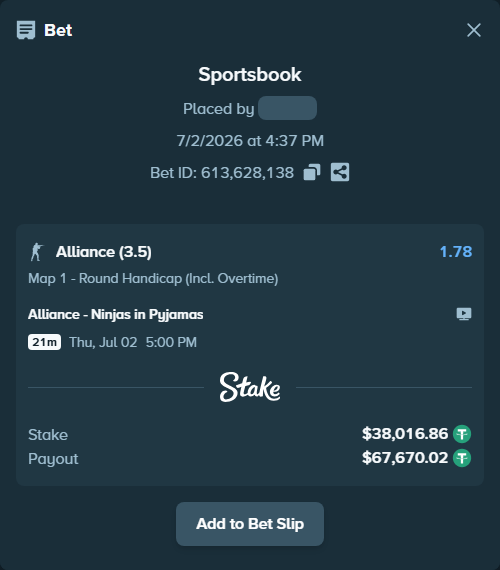 Bet slip: Alliance - Ninjas in Pyjamas, $38,054.88 stake at 1.78 odds, placed by GoldenKot