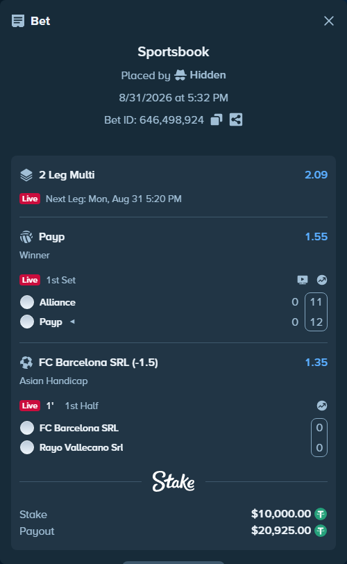 Bet slip: Alliance - Payp, $10,000.00 stake at 1.55 odds, placed by Hidden