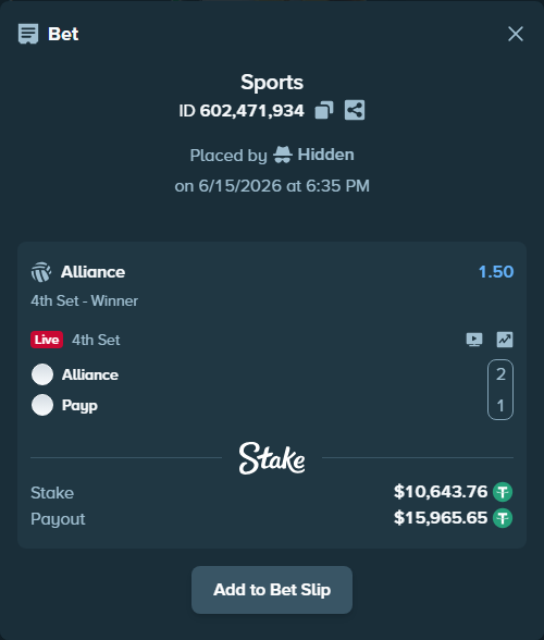 Bet slip: Alliance - Payp, $10,654.41 stake at 1.50 odds, placed by Hidden