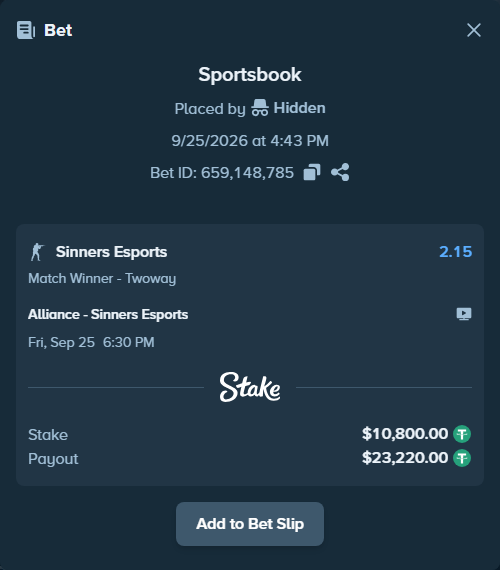 Bet slip: Alliance - Sinners Esports, $10,800.00 stake at 2.15 odds, placed by mi6a1