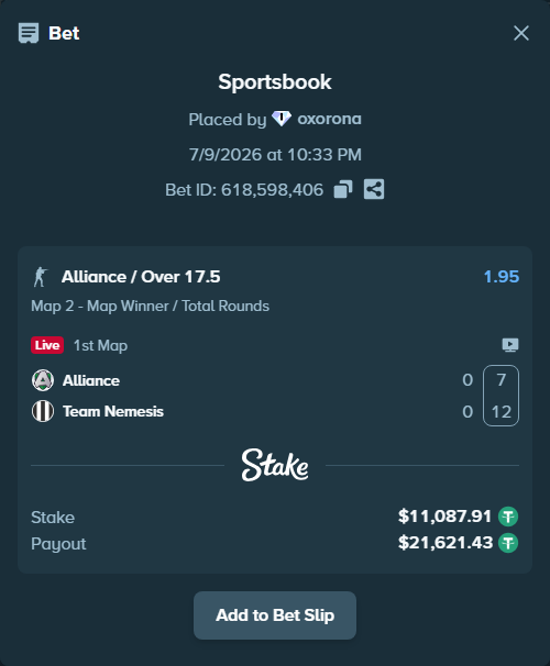 Bet slip: Alliance - Team Nemesis, $11,099.00 stake at 1.95 odds, placed by oxorona