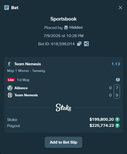 Bet slip: Alliance - Team Nemesis, $200,000.00 stake at 1.13 odds, placed by Hidden