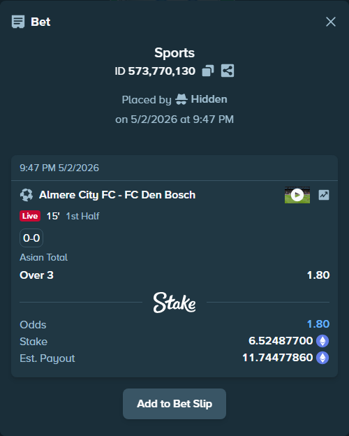 Bet slip: Almere City FC - FC Den Bosch, $11,327.45 stake at 1.80 odds, placed by Hidden
